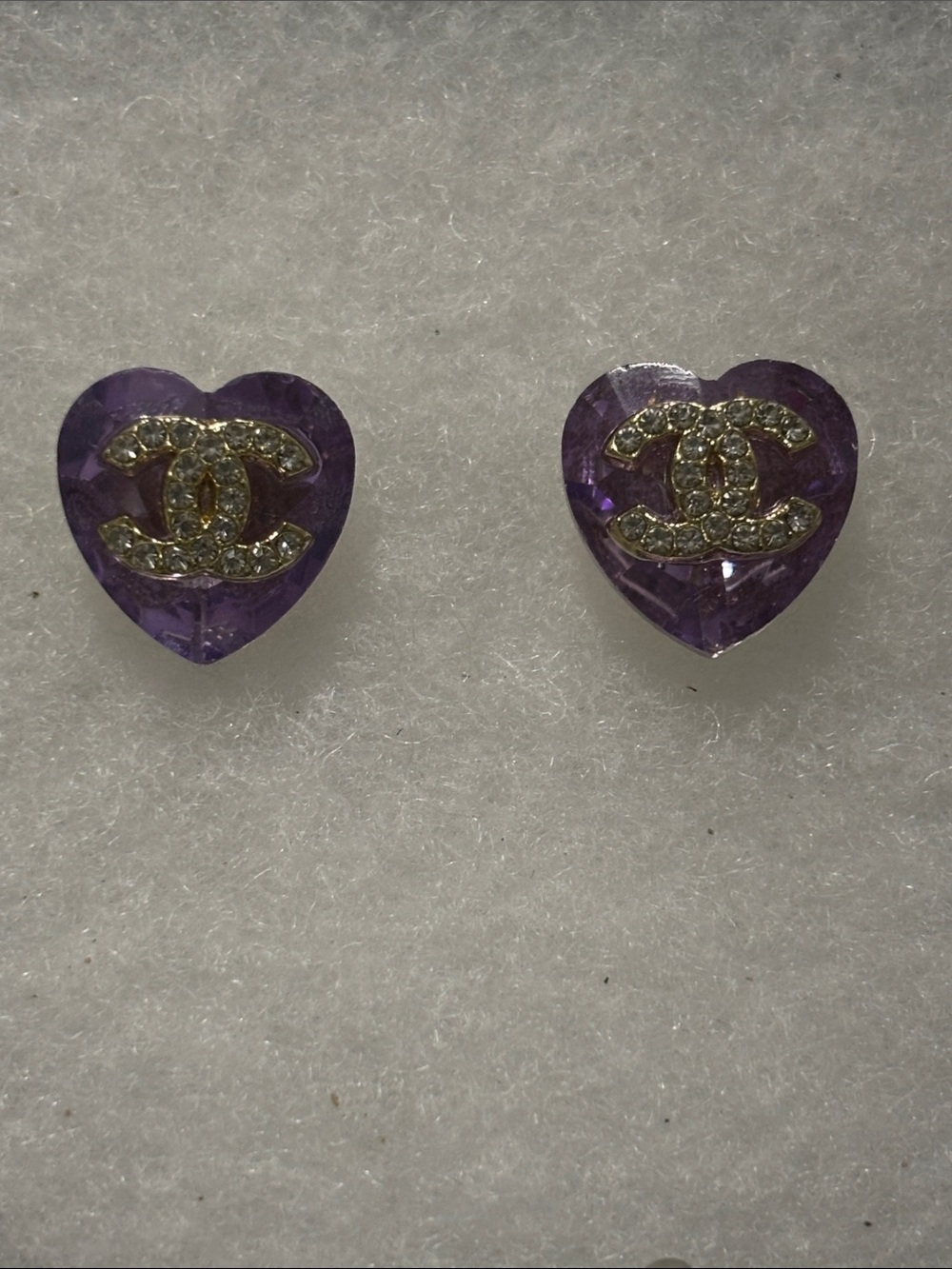 CC Purple Heart Crystal Stud Earrings with Rhinestone Logo Accent